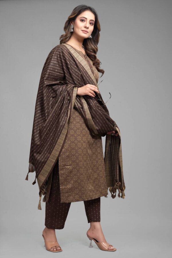 Stylish Brown Khadi Cotton Kurta, Bottom And Dupatta Set For Women